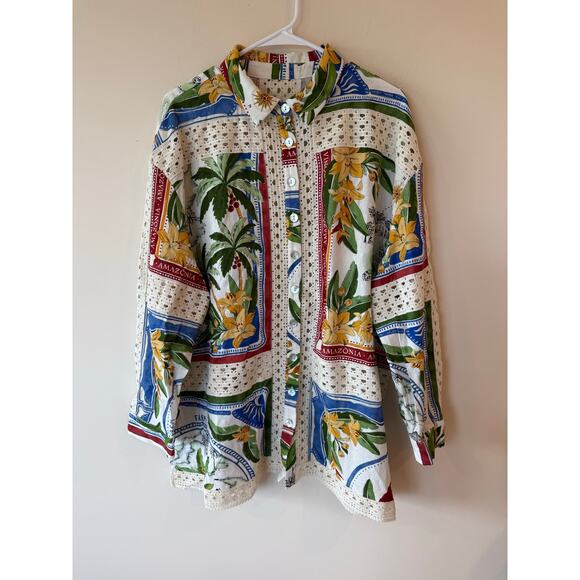 FARM RIO Tropical Destination Linen Crochet Oversized Shirt ~XL - Picture 1 of 11